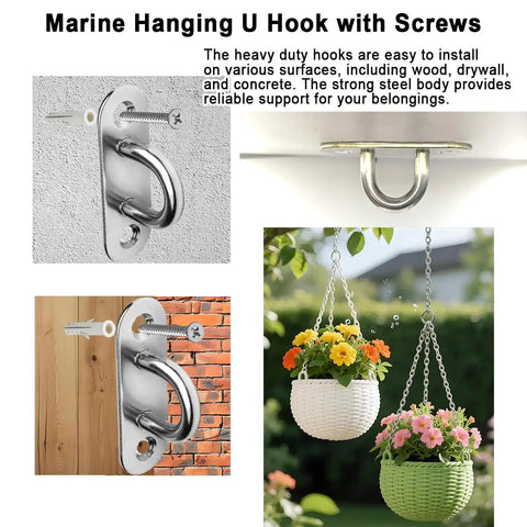 Rugged As Nails 304 Stainless Steel Ceiling Eye Hooks 2 Pack With Full Mounting Hardware For Hammock Chairs Swing Sets Plant Hangers And Garage Projects Indoors Outdoors, shown mounted on various surfaces.