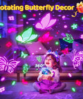 Girl holding Kids Star Projector For Bedroom With Bluetooth Music, 360 Degree Rotating Night Light, butterflies projected on walls