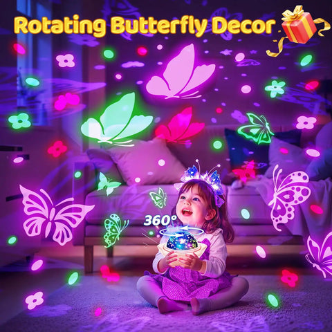 Girl holding Kids Star Projector For Bedroom With Bluetooth Music, 360 Degree Rotating Night Light, butterflies projected on walls