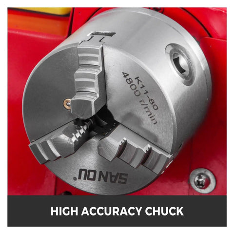 High accuracy chuck of Heavy Duty 7X12 Inch Mini Metal Lathe With 550W Variable Speed Motor And 21Mm Spindle Bore.