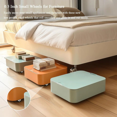 Under-bed storage using Mini Fixed Caster Wheels Half Inch Low Profile Plate Non Swivel 8 Pack Non Marking Rubber Caster Wheels