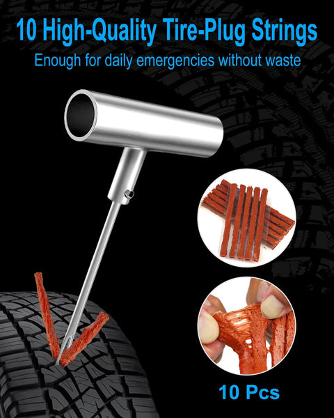 Heavy Duty Tire Repair Kit With Plugs T Handle Probe Insert Tool Glue And Case For Car Truck Motorcycle Atv On The Fly Flat Fixes That Are Dang Sure Working Slick Road Rescue Kit shown with 10 tire-plug strings and metal tool.