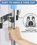 Stainless Steel Wall Mounted Broom And Mop Holder With Five Racks And Four Hooks Self Adhesive Heavy Duty Storage Organizer for easy hanging.