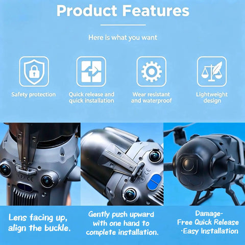Image of All In One Drone Protection Kit With Landing Gear Propeller Guard Lens Cover And 9H Tempered Glass Screen Protector For Mavic 4 Pro, showcasing installation features and safety icons.