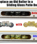 Patio Sliding Door Rollers Replacement Assembly For Gliding Patio Doors One And A Quarter Inch Tandem Steel Ball Bearing Wheels Part 1997061 2 Pack Fits 200 Series Narroline Perma Shield And 400 Series Frenchwood before and after installation.