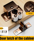 Double Roller Cabinet Catches For Sliding Doors And Drawers Made From Durable Metal Hardware that won't warp or break, showing closed latch on wood.