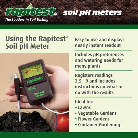 Holding No Fuss Soil pH Meter For Home Gardens With 400 Plant Picks, Logarithmic Scale Readout, showing display and probe