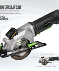 Side view of GALAX PRO 4Amp circular saw with laser guide; black body with green accents and 4-1/2" blade.