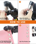 Step-by-step guide using All In One Grommet Tool Kit With Interchangeable Dies, Handy Handheld Eyelet Punch, Rivet Press and Crimper Plier.