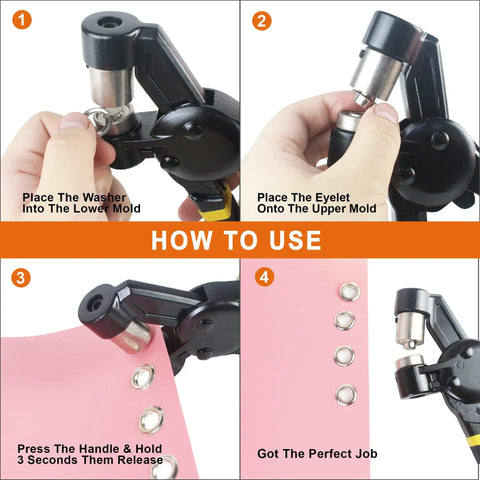 Step-by-step guide using All In One Grommet Tool Kit With Interchangeable Dies, Handy Handheld Eyelet Punch, Rivet Press and Crimper Plier.