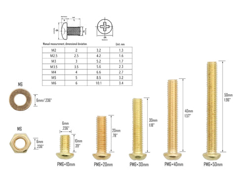 Copper Yellow M6 Machine Screw Assortment Kit With Nuts And Flat Washers, 80 Pieces, size diagram with bolts and washers