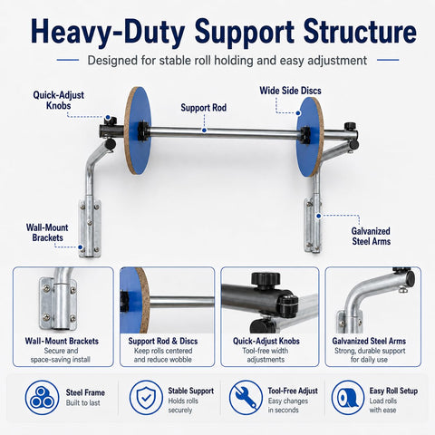 Heavy Duty Wall Mount Bubble Wrap Dispenser Built Tough Industrial Steel Roll Holder with galvanized steel arms and quick-adjust knobs.