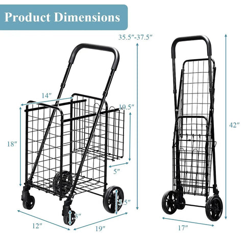 Heavy Duty Foldable Grocery Cart With Adjustable Handle, Extra Basket And 360 Degree Swivel Wheels dimensions and folded view