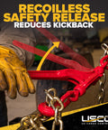 Red 4 Pack Lever Style Chain Binders for 5/16 and 3/8 chains in use, recoiless safety release feature shown.
