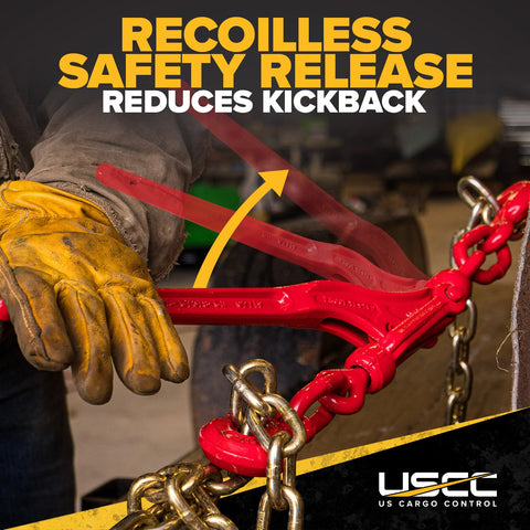 Red 4 Pack Lever Style Chain Binders for 5/16 and 3/8 chains in use, recoiless safety release feature shown.