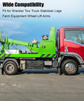 One Half Inch Spring Loaded Twist Lock Plunger Pin for Wrecker Tow Truck shown on green tow truck and stabilizer legs.