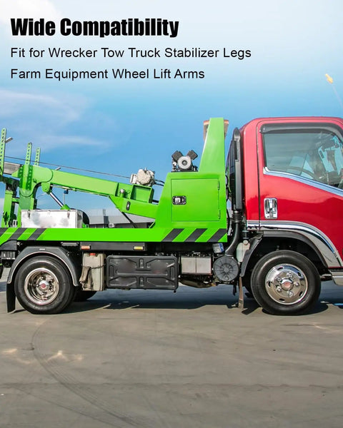 One Half Inch Spring Loaded Twist Lock Plunger Pin for Wrecker Tow Truck shown on green tow truck and stabilizer legs.