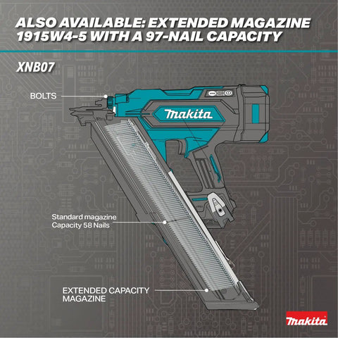 18V LXT Cordless Framing Nailer With Thirty Degree Clipped Head Drive, showcasing extended magazine capacity diagram and labels.