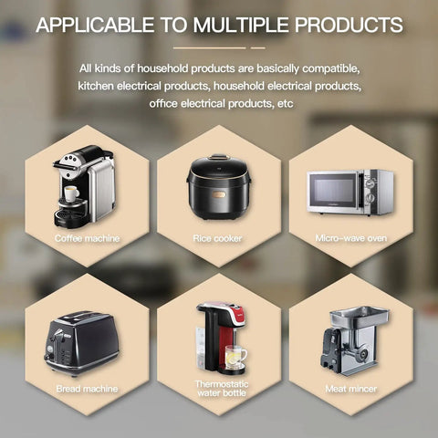 Diagram showing appliances suitable for Eight Pack Adhesive Cord Organizers including coffee machine, rice cooker, and microwave.