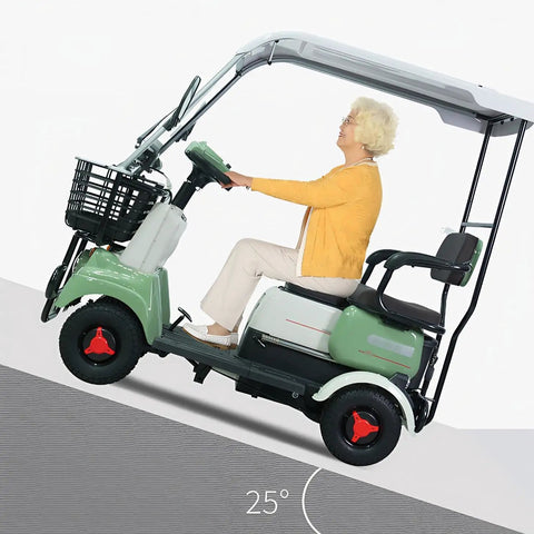 Roll Through Your Day With This Two Seater Electric Golf Cart Kicking Serious Power From Its 800W Motor And 60V Battery As It Cruises 13 Mph With Bluetooth Stereo Adjustable Seats Utility Basket And Safety Bars Built For Golf Course Park Or Block Drives, showing a senior driving uphill.