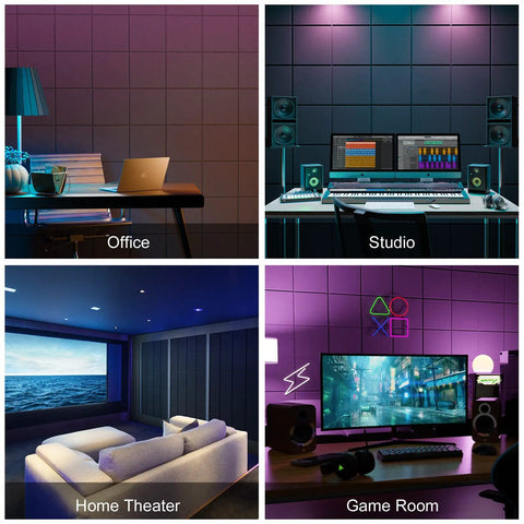 4 images showcasing Snag These 12 Pack Acoustic Wall Panels With Self Adhesive Backing 12 By 12 By 0.4 Inch Sound Proof Foam Tiles in various setups.