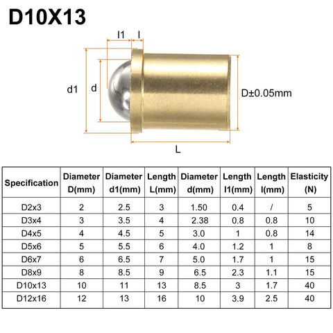 10 Pack Dope Brass Ball Point Spring Plungers 10x13mm Kit For Precision Positioning Beads Mini Ball Catch Latches For Doors Cabinets Furniture Mechanical Devices Clamps DIY Projects, D10x13 size diagram