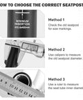 Guide showing methods to choose Beefy Aluminum Bike Seat Post 25.4mm, 27.2mm, 28.6mm, 30.9mm, 31.6mm Diameters, 350mm Length.