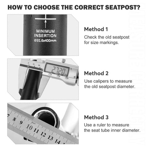 Guide showing methods to choose Beefy Aluminum Bike Seat Post 25.4mm, 27.2mm, 28.6mm, 30.9mm, 31.6mm Diameters, 350mm Length.