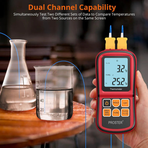 Dual Channel Digital Thermocouple Thermometer With Two K Type Probes Backlit LCD Real Time Temperature Readout in use