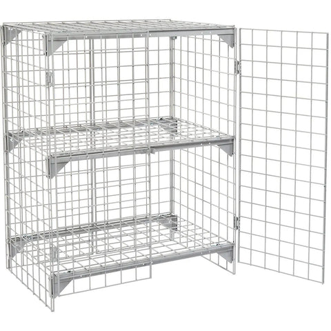 Rock Solid One Tier Two Door Wire Mesh Security Locker Cabinet With Adjustable Shelf Lockable Gray Steel Professional Storage Cage No Sweat Assembly For Garage Shop Workspace with open doors and shelves.