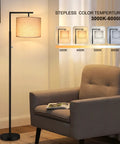 Dimmable Tall Pole Floor Lamp With 4 Color Temperatures, Remote Control, Beige Shade, Dope Modern Standing Light in a cozy room.