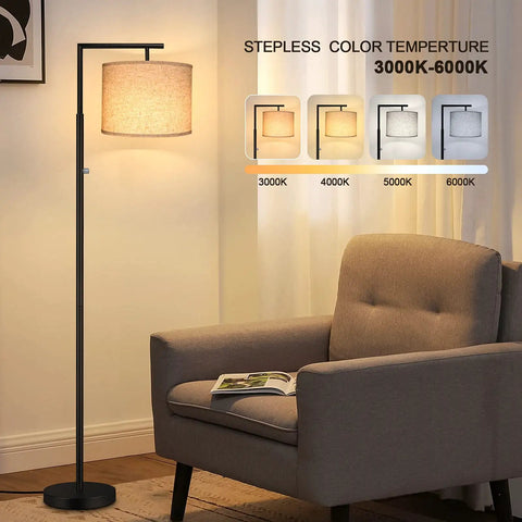 Dimmable Tall Pole Floor Lamp With 4 Color Temperatures, Remote Control, Beige Shade, Dope Modern Standing Light in a cozy room.