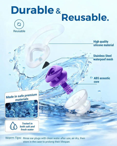 Swim Ear Plugs For Adults Silicone Reusable Waterproof With Custom Fit For Swimmers, showing details of high quality silicone materials.