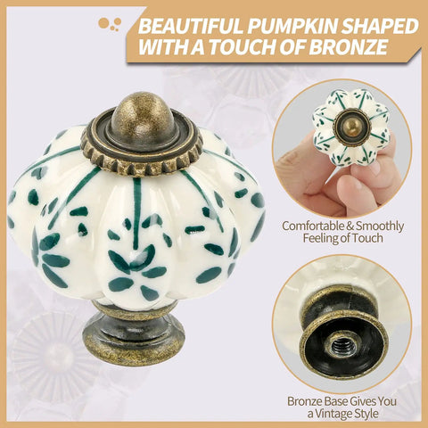 Ivory And Green Ceramic Pumpkin Cabinet Knobs Six Pack Vintage Drawer Pulls With Screws For Antique Dresser Pulls Green Flower Design Perfect For Kitchen Cabinets And Bedroom Dressers Renovations Great For Home Improvement Projects. ceramic pumpkin knob, 34.9 mm, bronze base