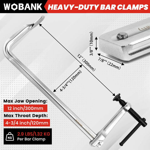 Heavy Duty 12 Inch F-Clamps 4-Pack With Grip Gloves For Welding Woodworking And Metal Assembly, showing measurements and features.