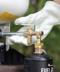 One Pound Propane Refill Kit For Refillable Tank No Fuss Fast Sixty Second Refill With Stabilizing Feet in use outdoors