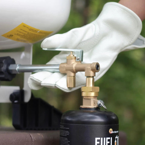 One Pound Propane Refill Kit For Refillable Tank No Fuss Fast Sixty Second Refill With Stabilizing Feet in use outdoors