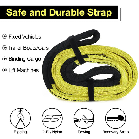 Bulldog Tough Rock Solid 4 Inch By 20 Foot 2 Ply Polyester Lifting Sling Strap Flat Eye Design 11200 Lbs Vertical Load Rating coiled for towing and recovery.