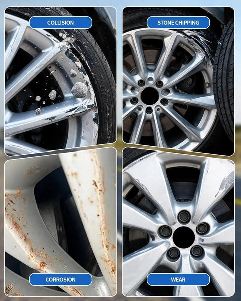 Premium Wheel Touchup Paint For Bmw Jet Black Alloy Rims showing damaged alloy rims from collision, stone chipping, corrosion, and wear.