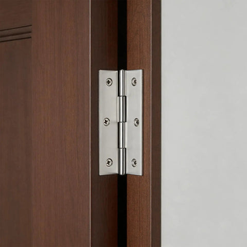 Close-up of 60 Pack Stainless Steel Cabinet Hinges Measuring Two Point Five Inches installed on a wooden door.
