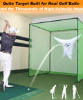 Golfer using Golf Driving Cage Net 8x8x8 Ft Heavy Duty Steel Frame Enclosure for full swing practice indoors, showcasing net impact.