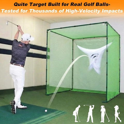 Golfer using Golf Driving Cage Net 8x8x8 Ft Heavy Duty Steel Frame Enclosure for full swing practice indoors, showcasing net impact.
