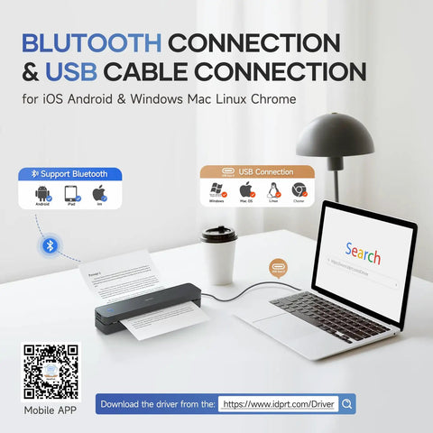 Game Changing Portable Bluetooth Printer With No Hassle Inkless Thermal Tech For Dang Quick US Letter Paper High Speed 300Dpi Imaging Black compact printer set up with Bluetooth and USB cable on a desk.