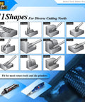 Chart showing 11 shapes of tungsten carbide burrs for rotary tools with images of die grinders below