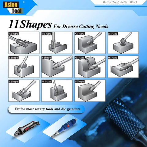Diagram of 11 cutting shapes for rotary tools and die grinders, showcasing various Heavy Duty Pro Grade Tungsten Carbide Burr Rotary File types.