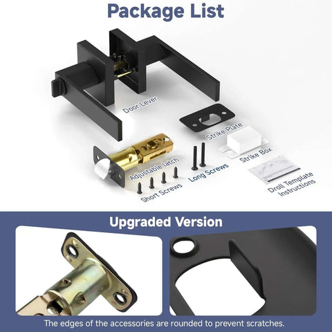 Privacy Door Lock Set 10 Pack Matte Black Keyless Door Handles package contents including latch, strike plate, screws, and instructions