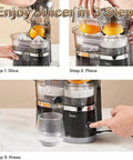 Top Rated Electric Citrus Juicer Machine With Powerful 100W Motor Making Fresh Orange And Lemon Juice Quick Cold Press Extractor For Home Kitchen Daily Smoothies And Cocktails Easy Clean Design in three-step process.