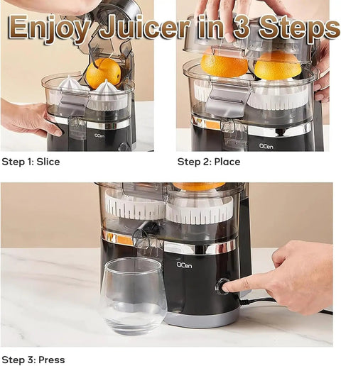 Top Rated Electric Citrus Juicer Machine With Powerful 100W Motor Making Fresh Orange And Lemon Juice Quick Cold Press Extractor For Home Kitchen Daily Smoothies And Cocktails Easy Clean Design in three-step process.