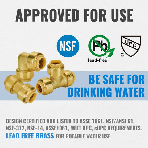 Push To Connect Pex Fittings Half Inch Kit With Couplings, 90 Degree Elbows, Tee Set, No Lead Brass, Copper CPVC