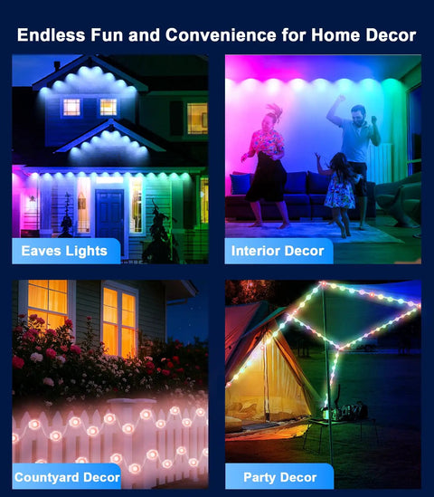 Collage of 32.8 Foot RGB LED Strip Lights With Music Sync For Bedroom Living Room And Parties Easy Install Bluetooth App Control And 44 Key IR Remote Color Changing Ambient Lighting on house, living room, yard, and tent